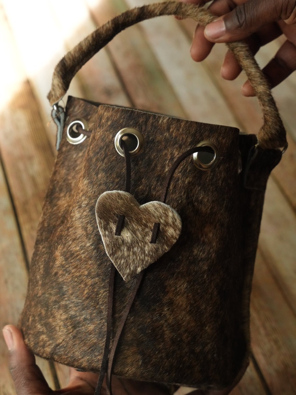 Women's custom cowhide Mini Bucket Bag with Heart Accent